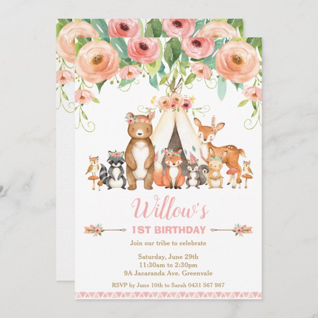 Invitación Floral Woodland Animals Bosque primer Chica de cum (Anverso / Reverso)