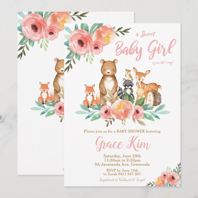 Invitación Floral Woodland Animals Chica Forestal Baby Shower (Anverso / Reverso)
