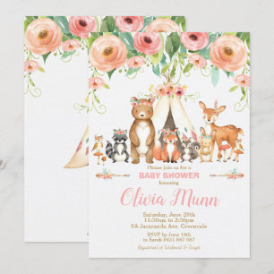 Invitación Floral Woodland Animals Chica Forestal Baby Shower