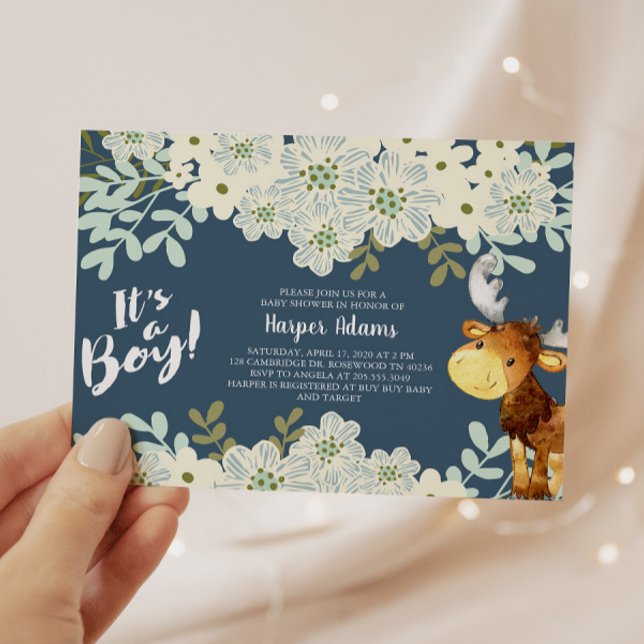 Invitación Floral Woodland Moose Boy Baby Shower (Subido por el creador)