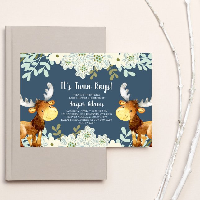 Invitación Floral Woodland Moose Twin Boys Baby Shower (Subido por el creador)