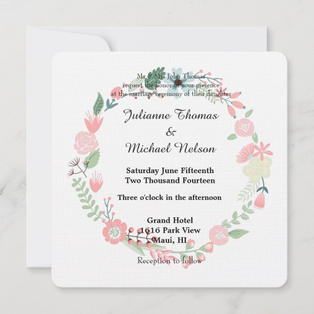 Invitación Floral Wreath and Heart Boda (Anverso)