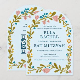 Invitación Floral Wreath Bat Mitzvah Personalizado de mano QR