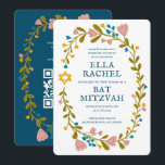 Invitación Floral Wreath Bat Mitzvah Personalizado de mano QR<br><div class="desc">¡Tarjeta perfecta para anunciar un bar mitzvah, bat mitzvah u otra celebración judía! ¡La mano hizo arte para ti! ¡TODO PERSONALIZABLE! Haga clic en "Personalizar" para editar el texto y añadir su vínculo al código QR de la parte posterior. Haga clic en "editar usando la herramienta de diseño" para ajustar...</div>