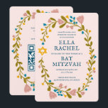 Invitación Floral Wreath Bat Mitzvah Personalizado de mano QR<br><div class="desc">¡Tarjeta perfecta para anunciar un bar mitzvah, bat mitzvah u otra celebración judía! ¡La mano hizo arte para ti! ¡TODO PERSONALIZABLE! Haga clic en "Personalizar" para editar el texto y añadir su vínculo al código QR de la parte posterior. Haga clic en "editar usando la herramienta de diseño" para ajustar...</div>