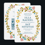 Invitación Floral Wreath Bat Mitzvah Personalizado de mano QR<br><div class="desc">¡Tarjeta perfecta para anunciar un bar mitzvah, bat mitzvah u otra celebración judía! ¡La mano hizo arte para ti! ¡TODO PERSONALIZABLE! Haga clic en "Personalizar" para editar el texto y añadir su vínculo al código QR de la parte posterior. Haga clic en "editar usando la herramienta de diseño" para ajustar...</div>