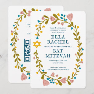 Invitación Floral Wreath Bat Mitzvah Personalizado de mano QR