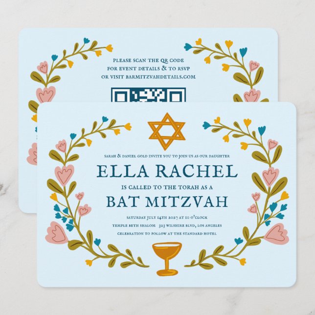 Invitación Floral Wreath Bat Mitzvah Personalizado de mano QR (Anverso / Reverso)