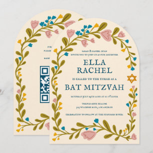 Invitación Floral Wreath Bat Mitzvah Personalizado de mano QR