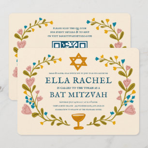 Invitación Floral Wreath Bat Mitzvah Personalizado de mano QR