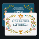 Invitación Floral Wreath Bat Mitzvah Personalizado de mano QR<br><div class="desc">¡Tarjeta perfecta para anunciar un bar mitzvah, bat mitzvah u otra celebración judía! ¡La mano hizo arte para ti! ¡TODO PERSONALIZABLE! Haga clic en "Personalizar" para editar el texto y añadir sus vínculos al código QR de la parte posterior. Haga clic en "editar usando la herramienta de diseño" para ajustar...</div>