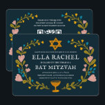 Invitación Floral Wreath Bat Mitzvah Personalizado de mano QR<br><div class="desc">¡Tarjeta perfecta para anunciar un bar mitzvah, bat mitzvah u otra celebración judía! ¡La mano hizo arte para ti! ¡TODO PERSONALIZABLE! Haga clic en "Personalizar" para editar el texto y añadir sus vínculos al código QR de la parte posterior. Haga clic en "editar usando la herramienta de diseño" para ajustar...</div>