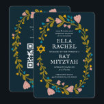 Invitación Floral Wreath Bat Mitzvah Personalizado de mano QR<br><div class="desc">¡Tarjeta perfecta para anunciar un bar mitzvah, bat mitzvah u otra celebración judía! ¡La mano hizo arte para ti! ¡TODO PERSONALIZABLE! Haga clic en "Personalizar" para editar el texto y añadir su vínculo al código QR de la parte posterior. Haga clic en "editar usando la herramienta de diseño" para ajustar...</div>