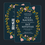Invitación Floral Wreath Bat Mitzvah Personalizado de mano QR<br><div class="desc">¡Tarjeta perfecta para anunciar un bar mitzvah, bat mitzvah u otra celebración judía! ¡La mano hizo arte para ti! ¡TODO PERSONALIZABLE! Haga clic en "Personalizar" para editar el texto y añadir su vínculo al código QR de la parte posterior. Haga clic en "editar usando la herramienta de diseño" para ajustar...</div>