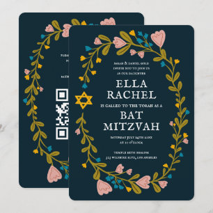 Invitación Floral Wreath Bat Mitzvah Personalizado de mano QR