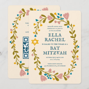 Invitación Floral Wreath Bat Mitzvah Personalizado de mano QR