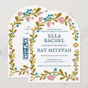 Invitación Floral Wreath Bat Mitzvah Personalizado de mano QR