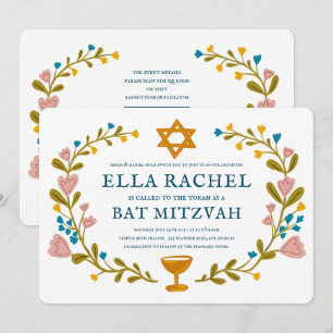 Invitación Floral Wreath Bat Mitzvah Personalizado de mano QR