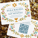 Invitación Floral Wreath Bat Mitzvah Personalizado de mano QR<br><div class="desc">¡Tarjeta perfecta para anunciar un bar mitzvah, bat mitzvah u otra celebración judía! ¡La mano hizo arte para ti! ¡TODO PERSONALIZABLE! Haga clic en "Personalizar" para editar el texto y añadir sus vínculos al código QR de la parte posterior. Haga clic en "editar usando la herramienta de diseño" para ajustar...</div>