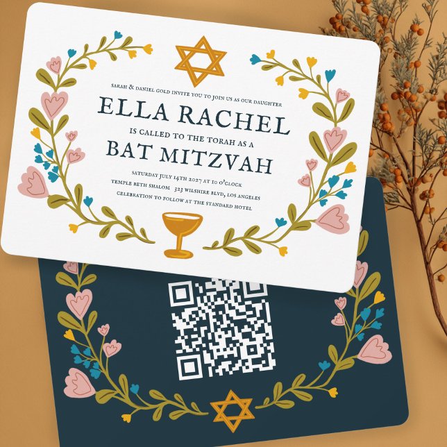 Invitación Floral Wreath Bat Mitzvah Personalizado de mano QR (Floral Wreath Bat Mitzvah Hand-drawn Custom QR code Invitation
)