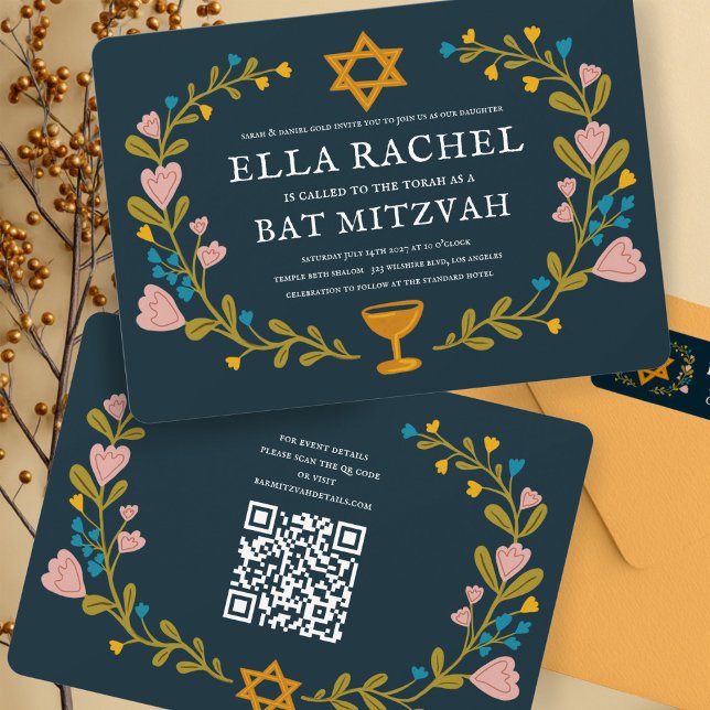 Invitación Floral Wreath Bat Mitzvah Personalizado de mano QR (Floral Wreath Bat Mitzvah Hand-drawn Custom QR code Invitation
)