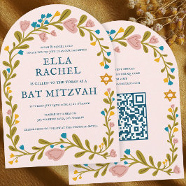 Invitación Floral Wreath Bat Mitzvah Personalizado de mano QR