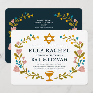 Invitación Floral Wreath Bat Mitzvah Personalizado de mano QR