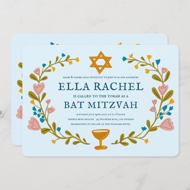 Invitación Floral Wreath Bat Mitzvah Personalizado de mano QR (Anverso / Reverso)