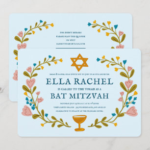Invitación Floral Wreath Bat Mitzvah Personalizado de mano QR