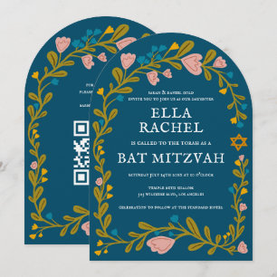 Invitación Floral Wreath Bat Mitzvah Personalizado de mano QR