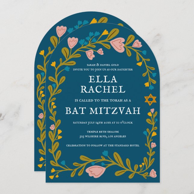 Invitación Floral Wreath Bat Mitzvah Personalizado de mano QR (Anverso / Reverso)
