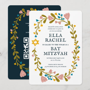 Invitación Floral Wreath Bat Mitzvah Personalizado de mano QR