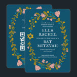 Invitación Floral Wreath Bat Mitzvah Personalizado de mano QR<br><div class="desc">¡Tarjeta perfecta para anunciar un bar mitzvah, bat mitzvah u otra celebración judía! ¡La mano hizo arte para ti! ¡TODO PERSONALIZABLE! Haga clic en "Personalizar" para editar el texto y añadir su vínculo al código QR de la parte posterior. Haga clic en "editar usando la herramienta de diseño" para ajustar...</div>