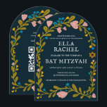 Invitación Floral Wreath Bat Mitzvah Personalizado de mano QR<br><div class="desc">¡Tarjeta perfecta para anunciar un bar mitzvah, bat mitzvah u otra celebración judía! ¡La mano hizo arte para ti! ¡TODO PERSONALIZABLE! Haga clic en "Personalize" para editar el texto y añadir su enlace al código QR de la parte trasera (consulte mi tienda para ver diseños alternativos con foto personalizado). Haga...</div>