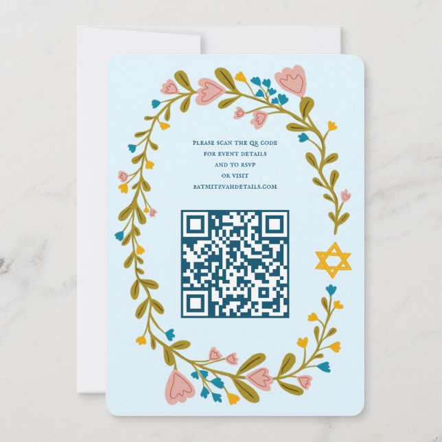 Invitación Floral Wreath Bat Mitzvah Personalizado de mano QR (Reverso)