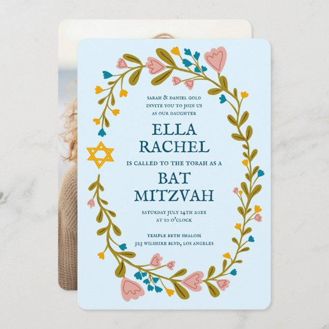 Invitación Floral Wreath Bat Mitzvah Personalizado dibujado a (Anverso / Reverso)