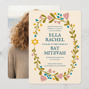Invitación Floral Wreath Bat Mitzvah Personalizado dibujado a