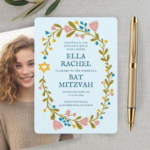 Invitación Floral Wreath Bat Mitzvah Personalizado dibujado a