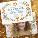 Invitación Floral Wreath Bat Mitzvah Personalizado dibujado a<br><div class="desc">¡Tarjeta perfecta para anunciar un bar mitzvah, bat mitzvah u otra celebración judía! ¡La mano hizo arte para ti! ¡TODO PERSONALIZABLE! Haga clic en "Personalizar" para editar el texto y añadir su propia foto al fondo. Haga clic en "editar usando la herramienta de diseño" para ajustar las fuentes, colores y...</div>