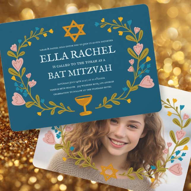Invitación Floral Wreath Bat Mitzvah Personalizado dibujado a (Floral Wreath Bat Mitzvah Hand-drawn Custom PHOTO Invitation
)