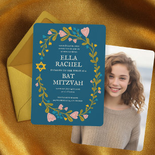 Invitación Floral Wreath Bat Mitzvah Personalizado dibujado a