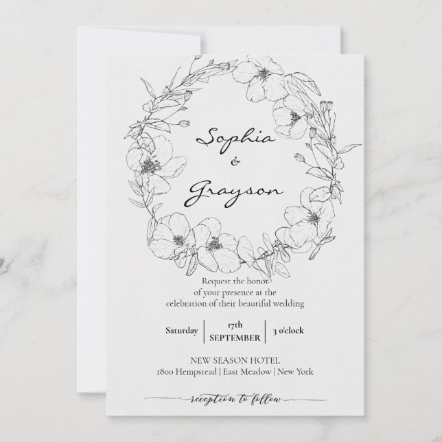 Invitación Floral Wreath | Boceto Celebración de Bodas Peony (Anverso)