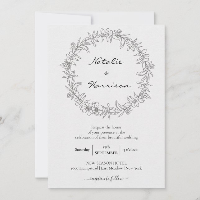 Invitación Floral Wreath | Boceto Celebración de Bodas Peony (Anverso)