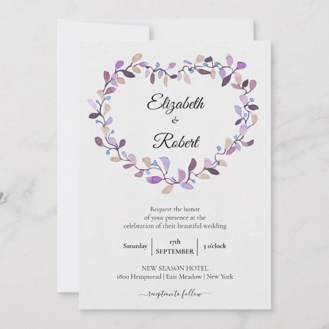 Invitación Floral Wreath | Boda de follaje rosa violeta (Anverso)