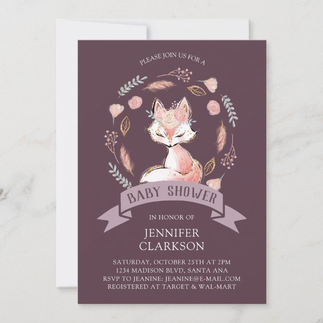 Invitación Floral Wreath Boho Fox Baby Shower (Anverso)