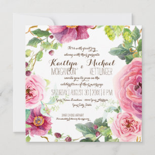 Invitación Floral Wreath Branch Berries Rosas Peonies