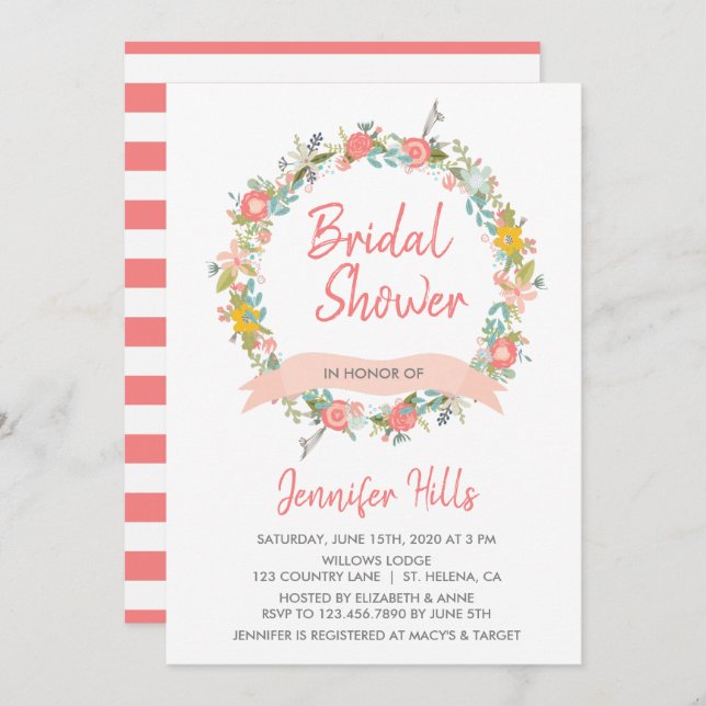 Invitación Floral Wreath Bridal Shower (Anverso / Reverso)