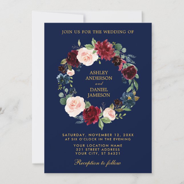Invitación Floral Wreath Burgundy Blue Gold Boda B (Anverso)