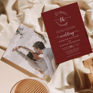 Invitación Floral Wreath Burgundy Monograma Boda de fotografí