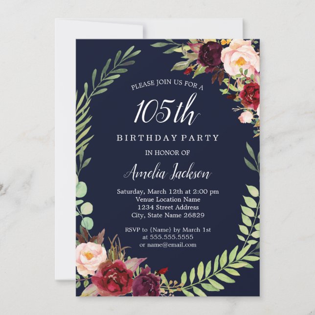 Invitación Floral Wreath Burgundy Navy 105th Birthday (Anverso)